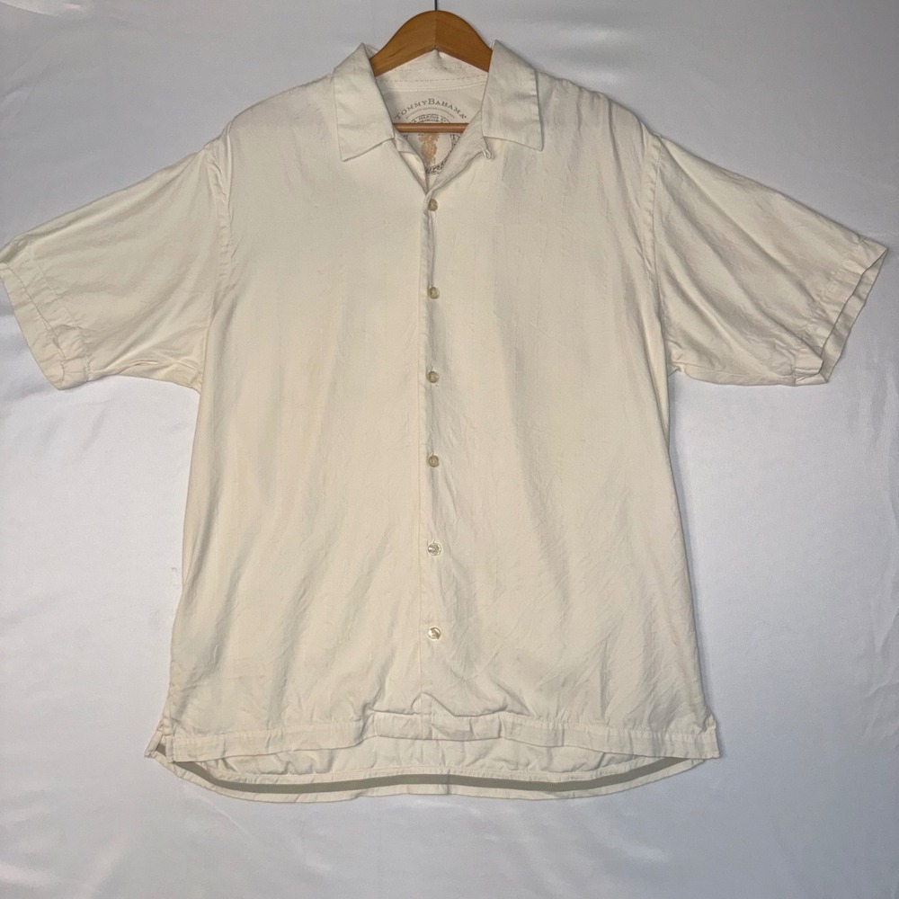 Tommy Bahama Men's L 100% Silk Ivory Herringbone Camp Shirt Resort Short Sleeve